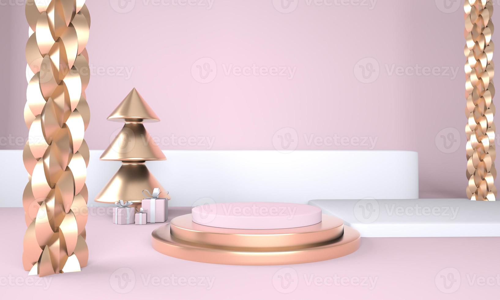 kerstachtergrond met kerstboom en podium voor productweergave. 3D-rendering. foto