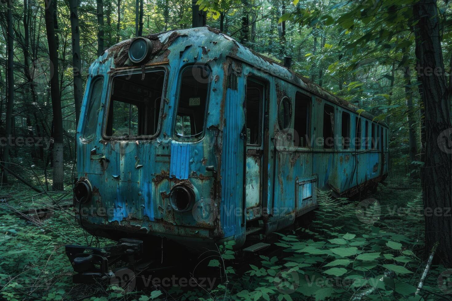 verlaten trein auto in Woud foto