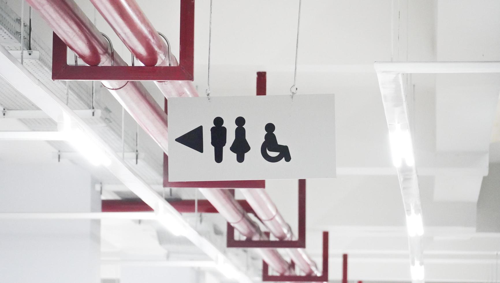 op het dak van het station hing een richtingaanwijzer met daarop het toilet voor de bezoekers. er zijn symbolen van mannen, vrouwen en een persoon in een rolstoel. foto