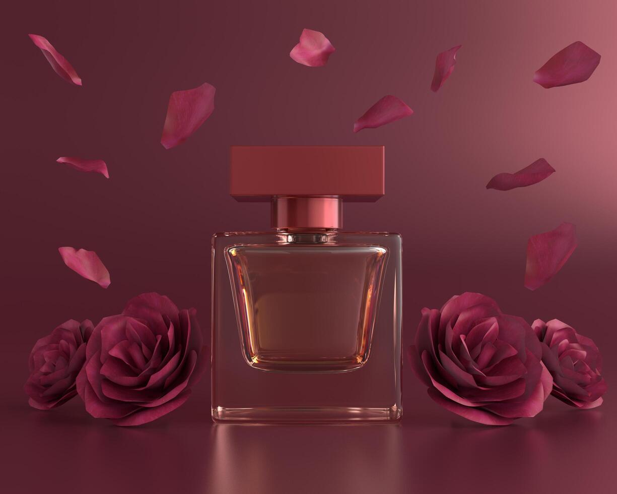 parfum vector afdrukken. rode fles haute couture, schoonheid stijlvolle illustratie. aroma vloeistof. cosmetische geur foto