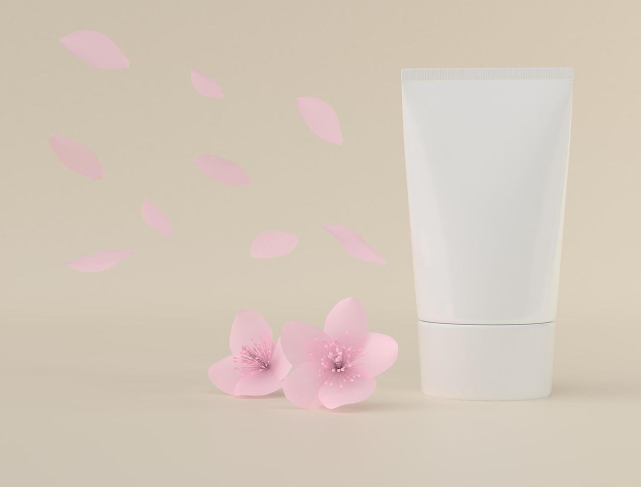 knijp tube voor het aanbrengen van crème of make-up op pastelroze en bloemenachtergrond. foto