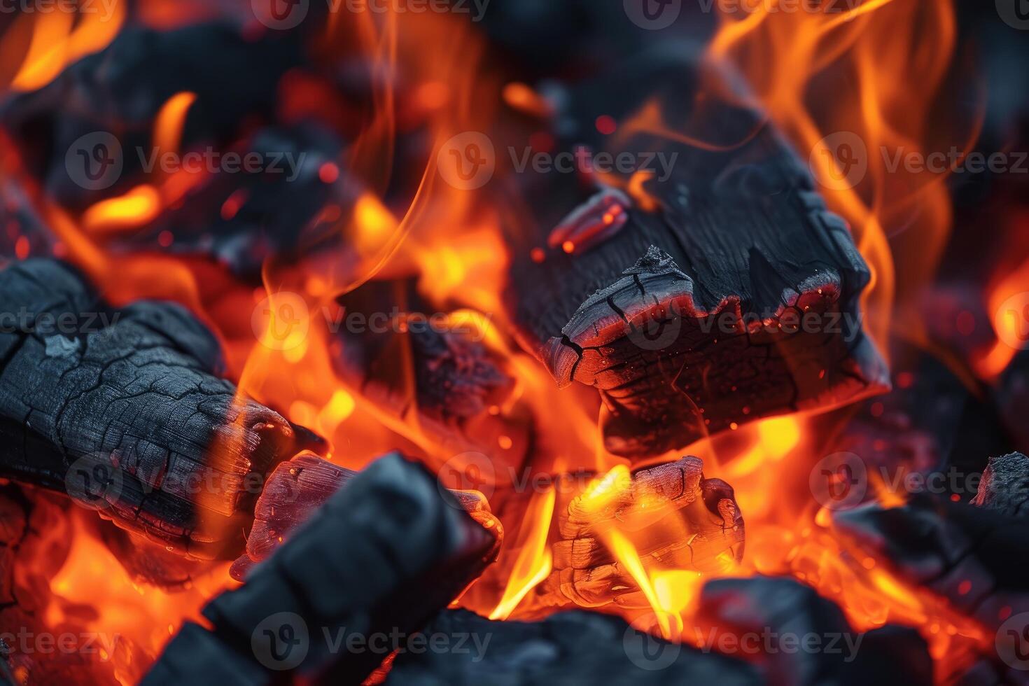 extreem detailopname van levendig vlammen omhulsel in de omgeving van brandend houtskool stukken foto