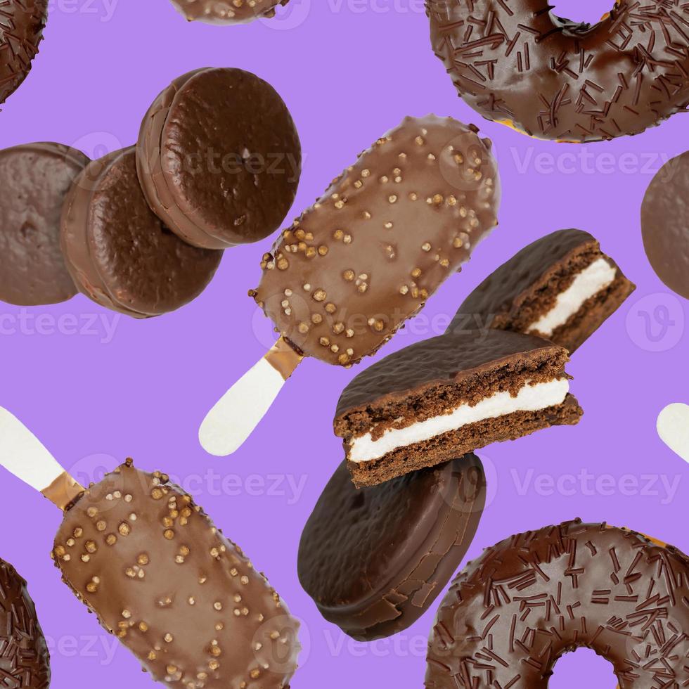 naadloos patroon van donuts, koekjes en ijs op een lila achtergrond. foto