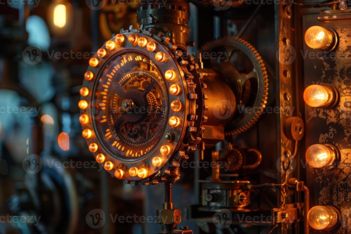 complex steampunk machine gloeiend met oranje lichten foto