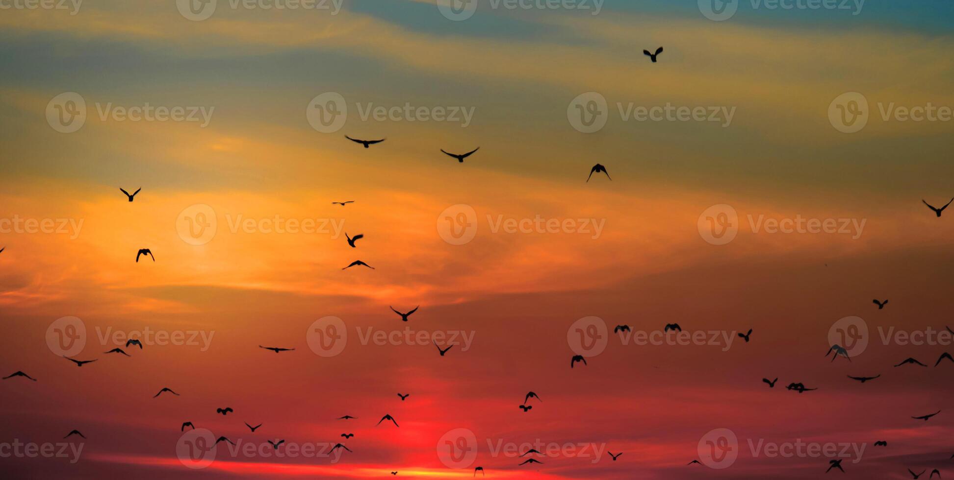 oranje en grijze wolken prachtige zonsondergangsfeer met grote gele en oranje zon in de heuvels van het hemeloppervlak. foto