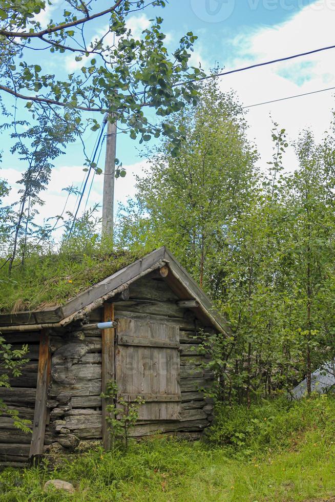 oude houten hut hut met overwoekerd dak, hemsedal, noorwegen. foto