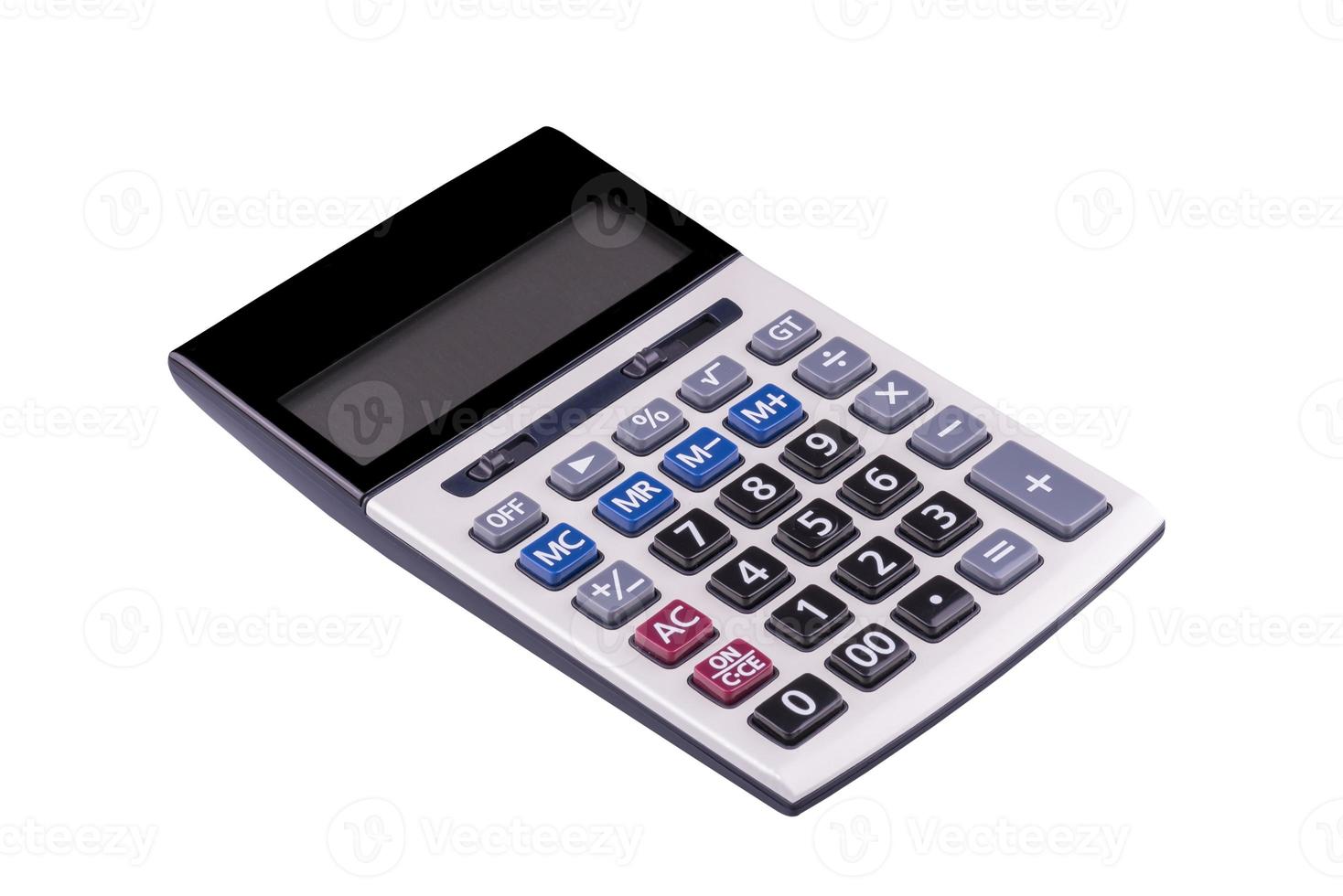 bovenaanzicht van rekenmachine voor het berekenen van de getallen geïsoleerd met uitknippad op een witte achtergrond, foto