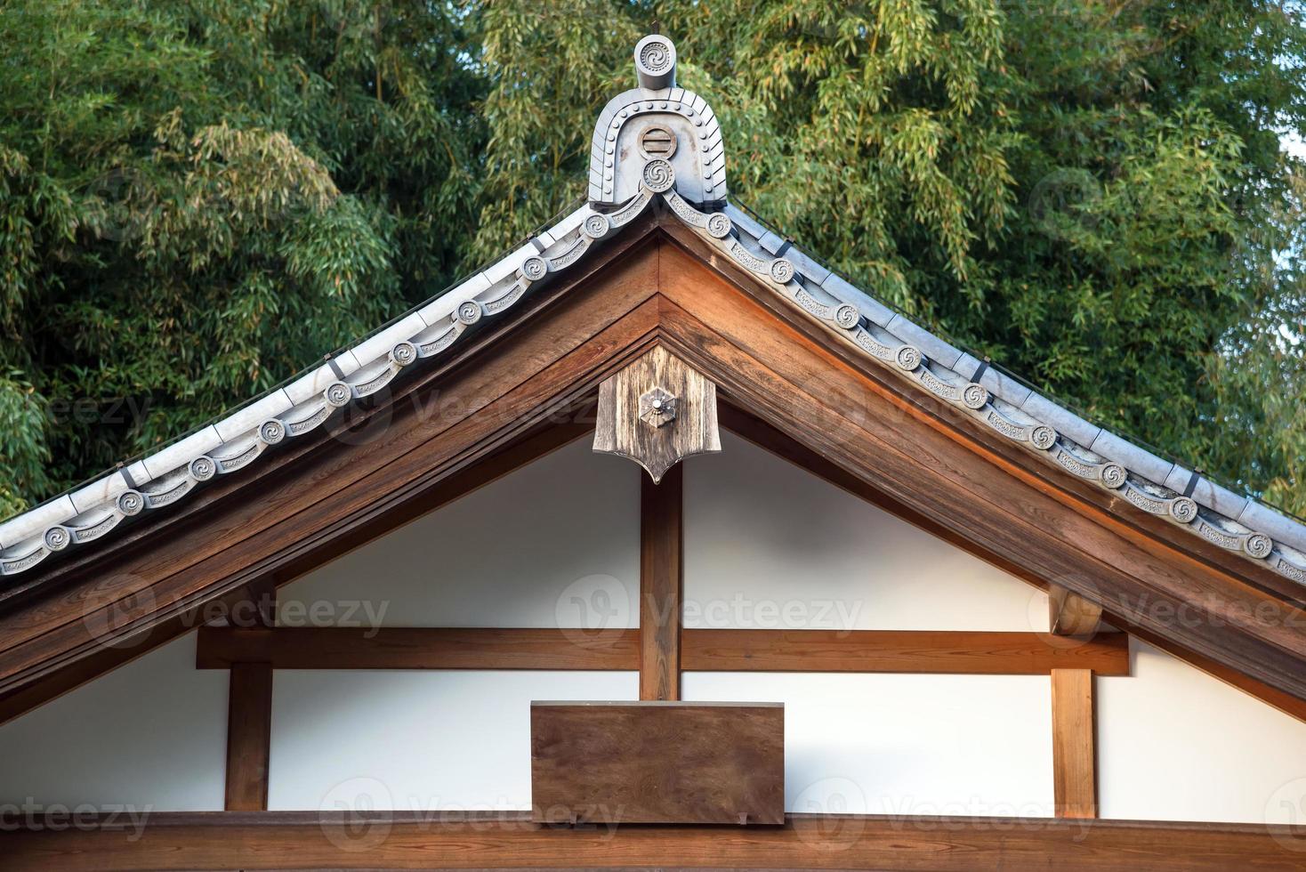 close-up van japanse traditie dak en houtstructuur van het oude gebouw in kyoto, japan. foto