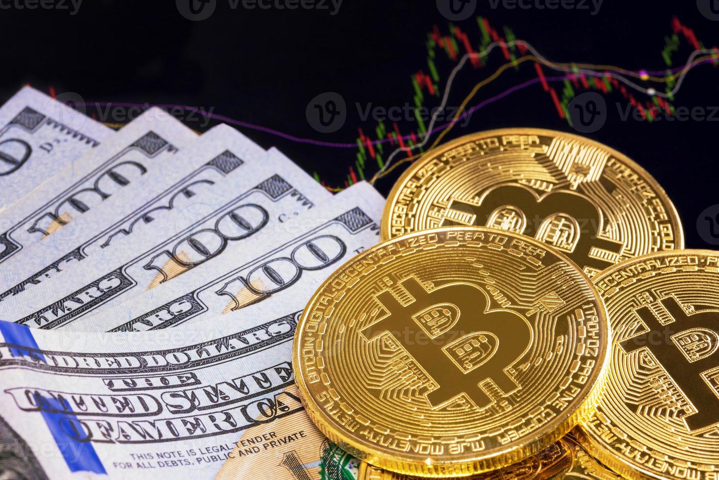 Amerikaanse dollar bank en bitcoin investeren met geld bewegende grafiek in background.conceptual ontwerp voor technologie van cryptocurrency en blockchain. foto