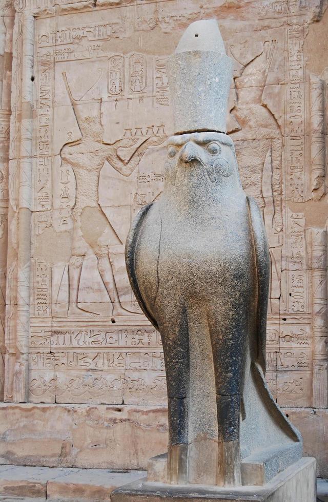 oud egyptisch standbeeld van god horus bij de tempel van edfu. nubië, egypte foto