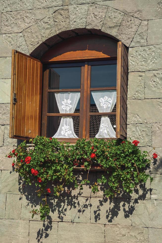 glazen raam met bloemen en houten luiken in een landhuis met stenen muur in de buurt van bento goncalves. een vriendelijk plattelandsstadje in Zuid-Brazilië, beroemd om zijn wijnproductie. foto