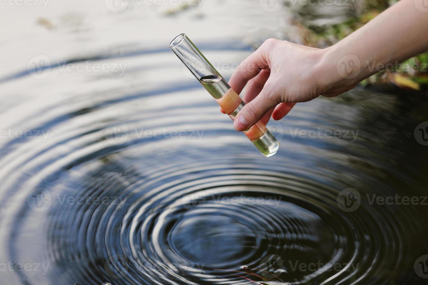 watermonster. hand verzamelt water om te verkennen. concept - waterzuiverheidsanalyse, milieu, ecologie. watertesten op infecties, toestemming om te zwemmen. selectieve focus, plaats voor tekst. foto