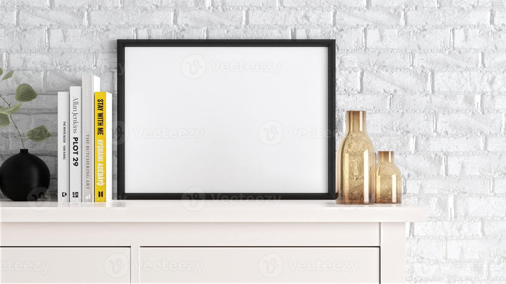 3D-rendering zwarte frame foto in een witte tafel