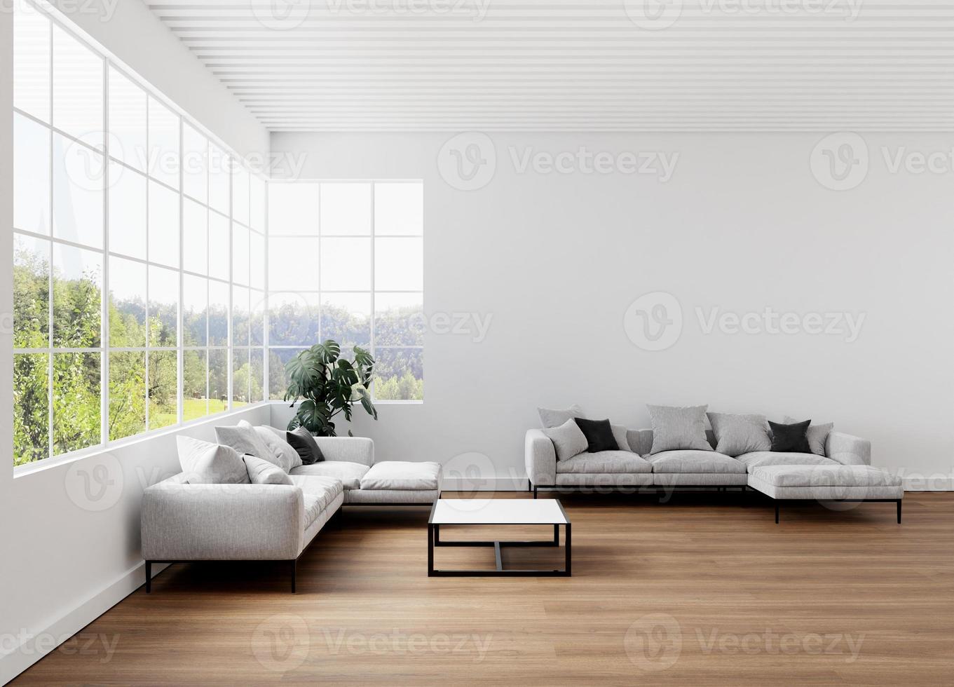 schoon minimalistisch appartement met witte muur en grijze bank 3D-rendering foto