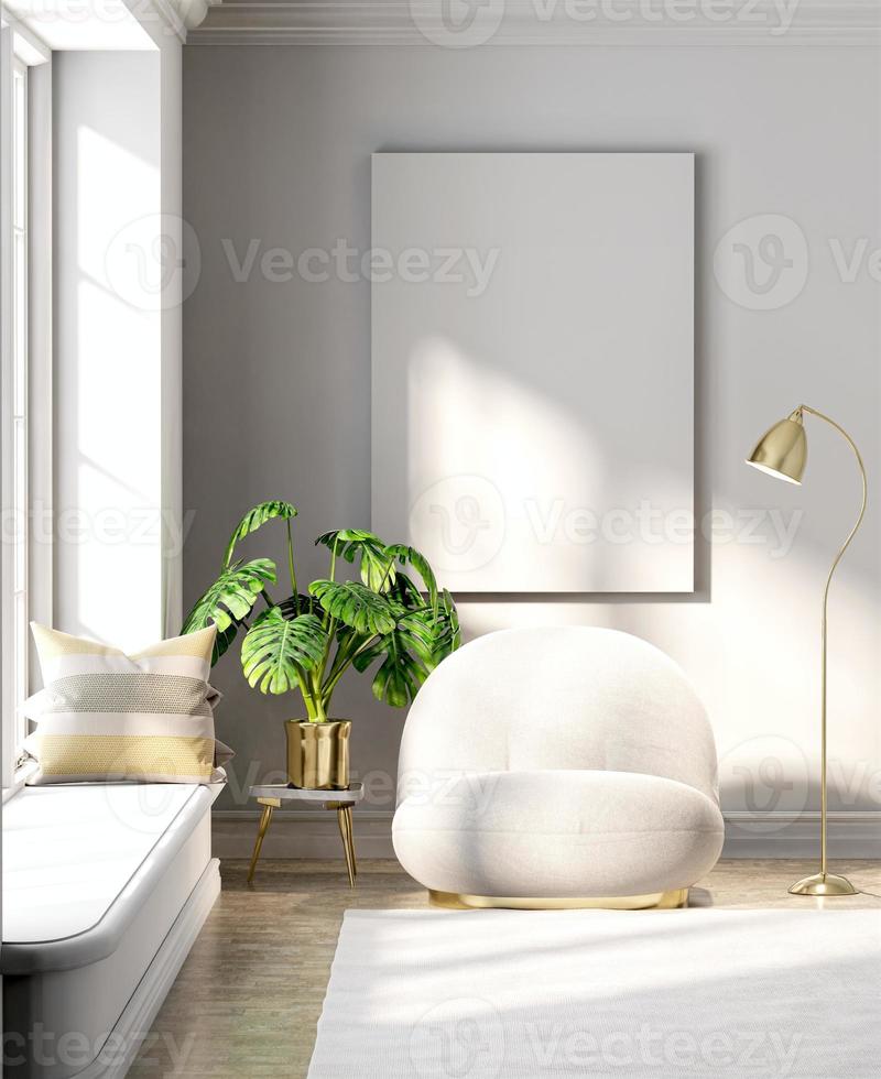 3D-rendering gouden bank en lamp in witte kamer met fotolijst foto