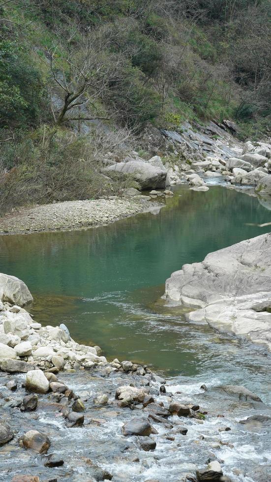 het uitzicht op de rivier met het water dat over stenen en rotsen stroomt in de vallei van de bergen foto