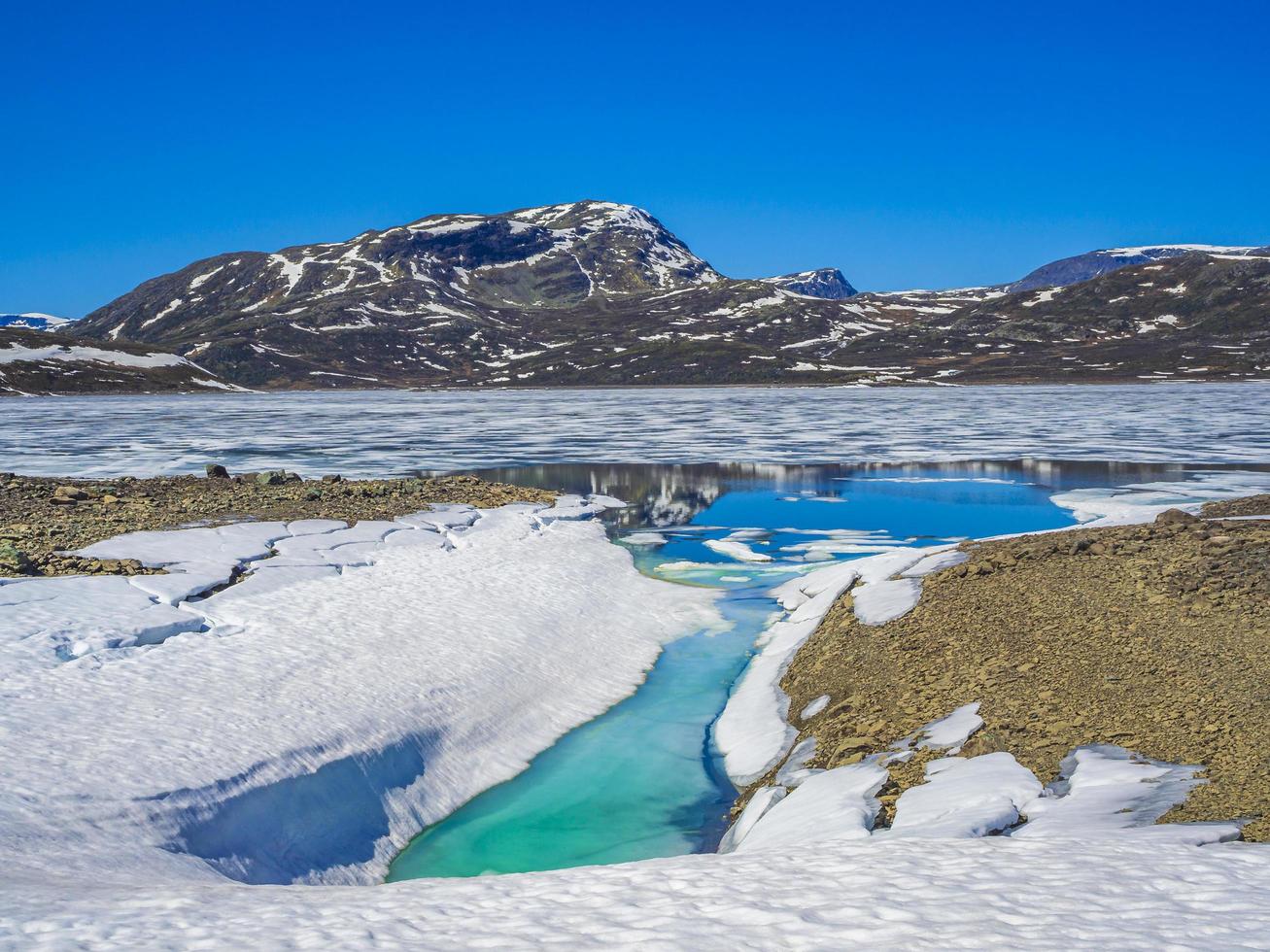 bevroren turquoise meer vavatn panorama in zomer landschap hemsedal noorwegen. foto