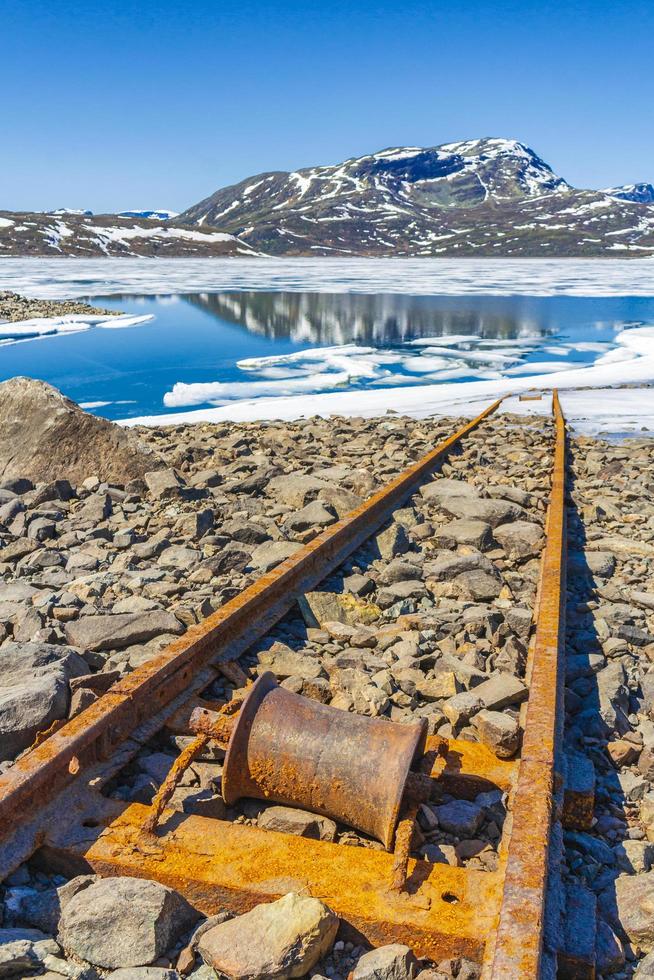 oude rails leiden naar het water van het bevroren meer vavatn hemsedal. foto