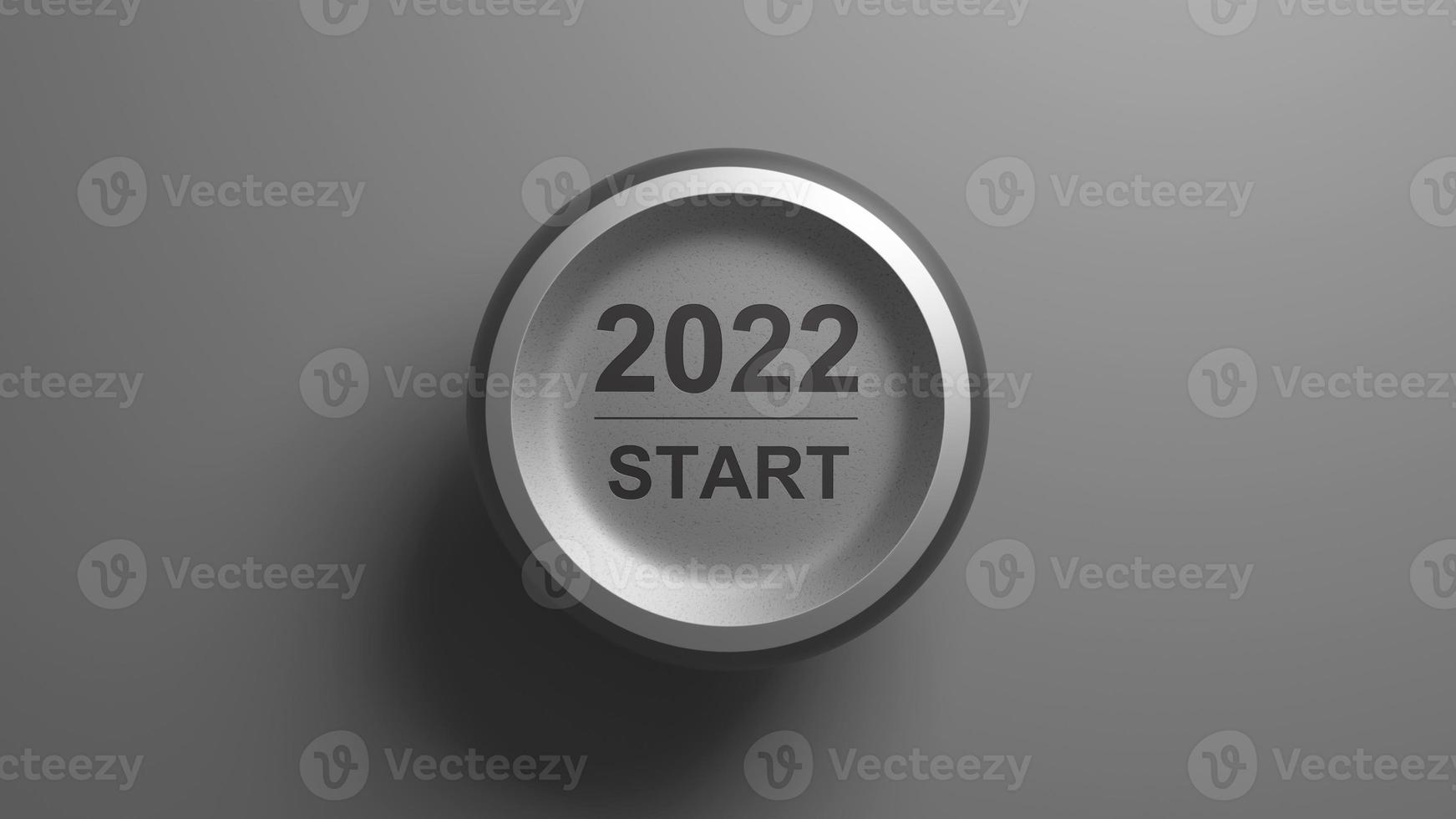 start 2022. gelukkig nieuwjaar knop. 3d illustratie foto