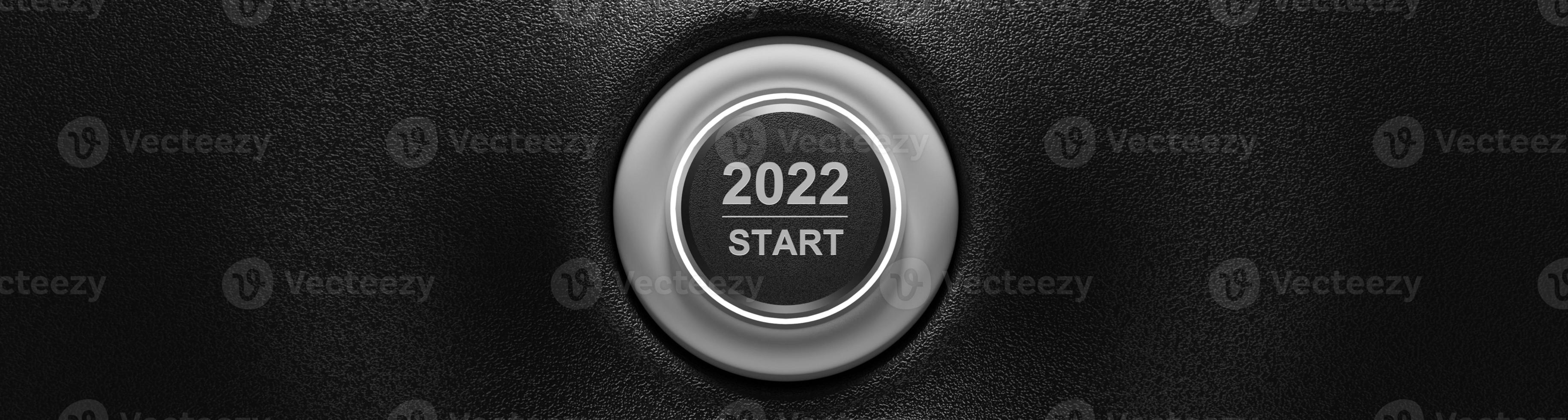 start 2022. gelukkig nieuwjaar knop. 3d illustratie foto