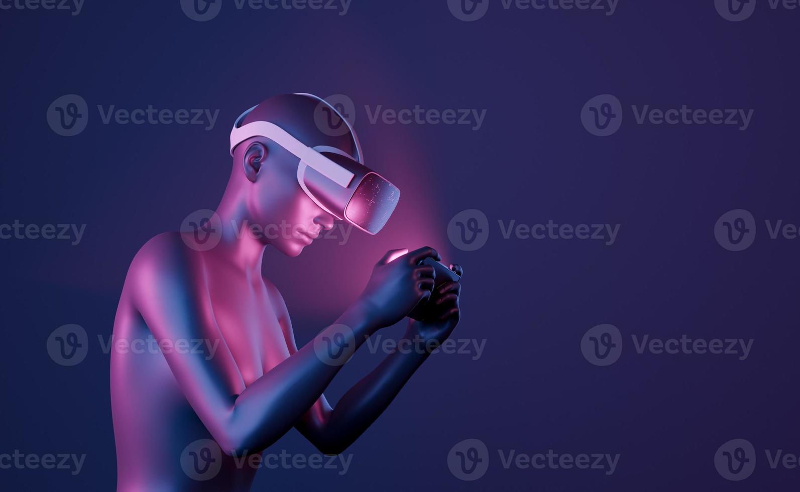 3D-meisje met virtual reality-bril spelen met mobiele telefoon foto