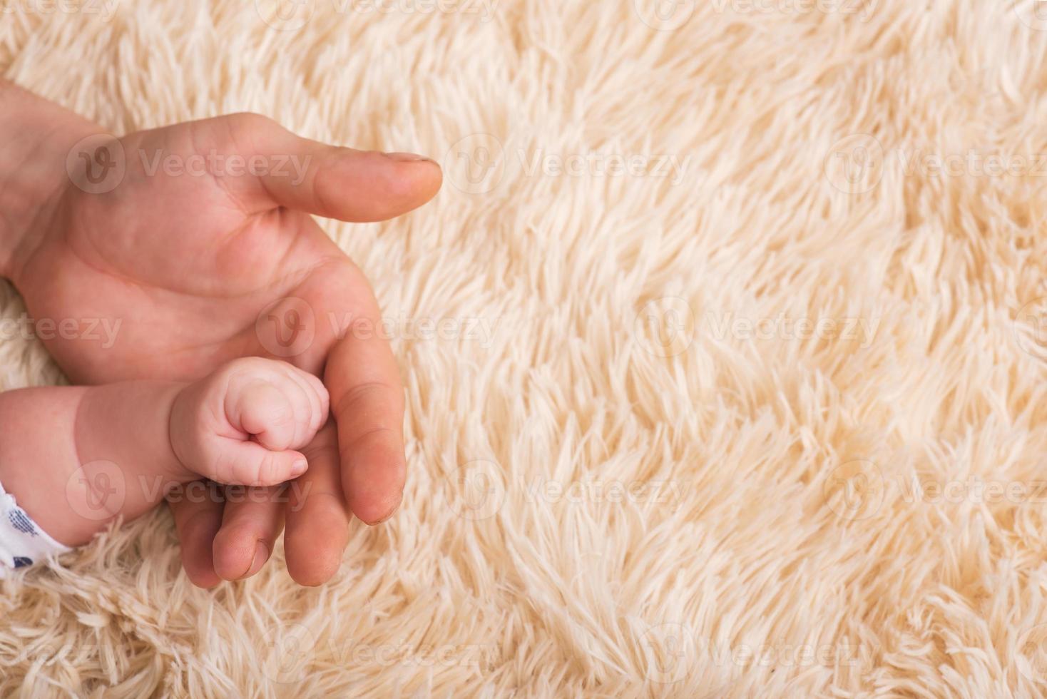 vader houdt een kleine babyhand in zijn handen. kleine hand van een pasgeboren baby in grote handen van papa. baby houdt vaders vinger vast foto