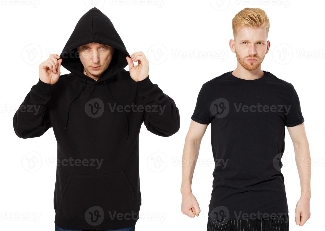 zwarte hoody t-shirt mock-up set geïsoleerd vooraanzicht, man in zwarte hoody en man in t-shirt mockup set geïsoleerd op een witte achtergrond. twee jongens in een lege zwarte hoodie en t-shirtcollage foto