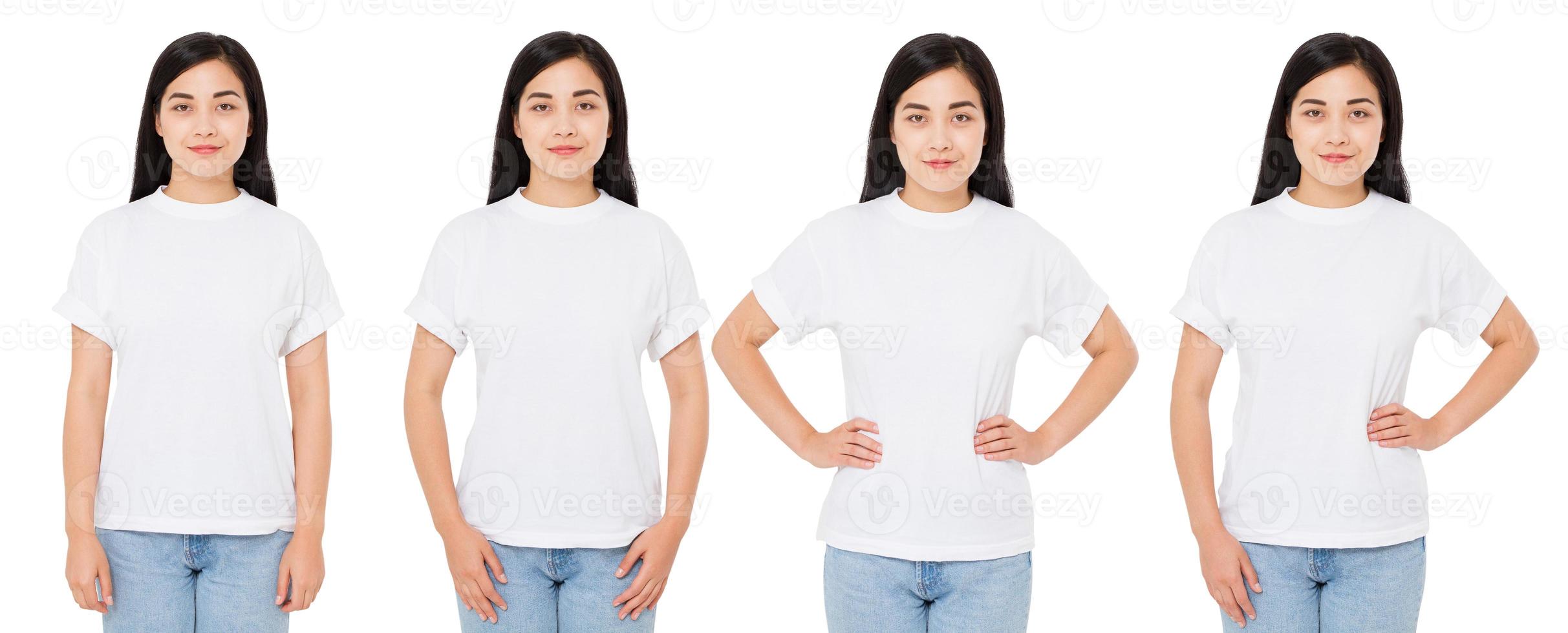 vier varianten Koreaanse vrouw in wit t-shirt voor de ontwerper geïsoleerd, Chinees meisjest-shirt foto