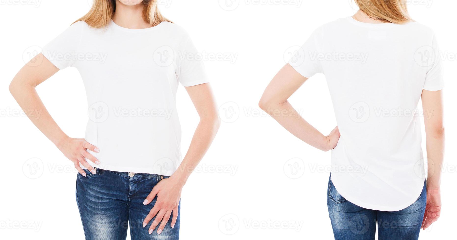 voorkant achterkant weergaven vrouw t-shirt, witte t-shirt set geïsoleerd, mock up foto