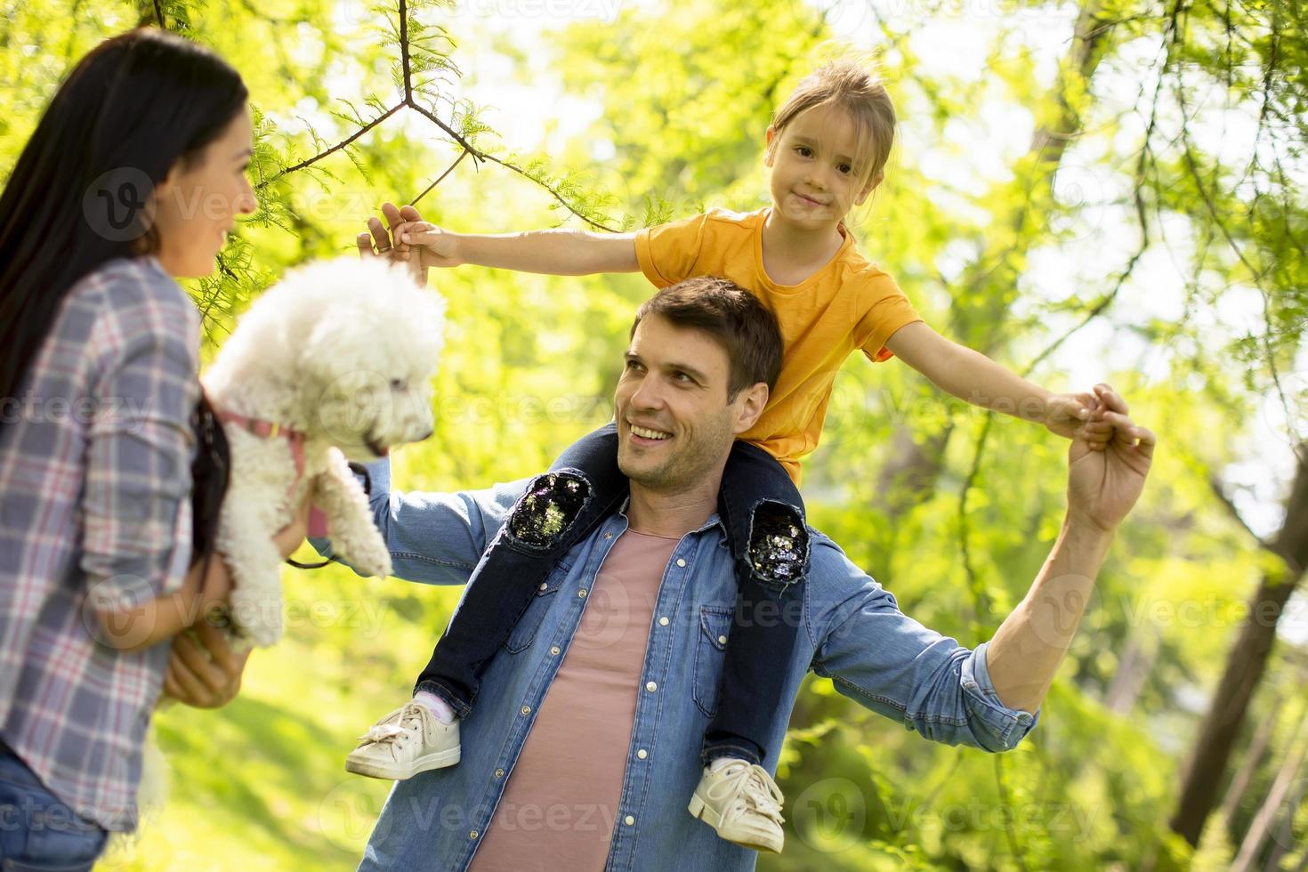 gelukkige familie met schattige bichon-hond in het park foto