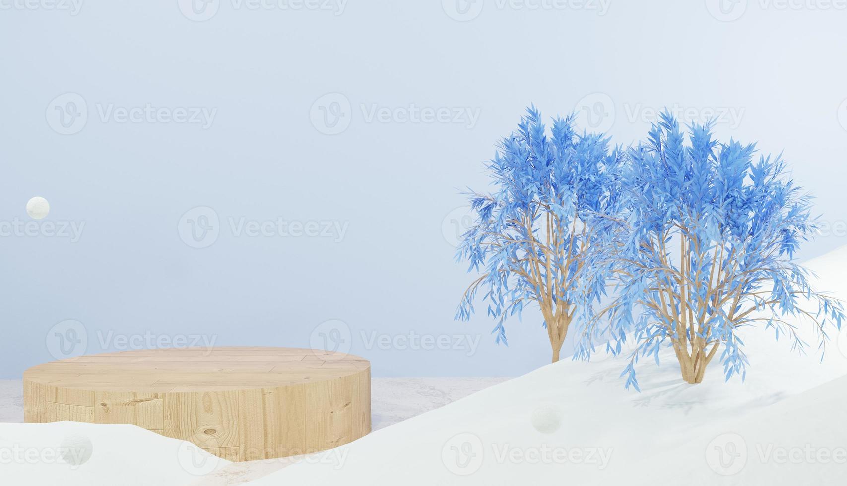 3D-rendering leeg houten podium en bomen omgeven door sneeuw, winterthema foto