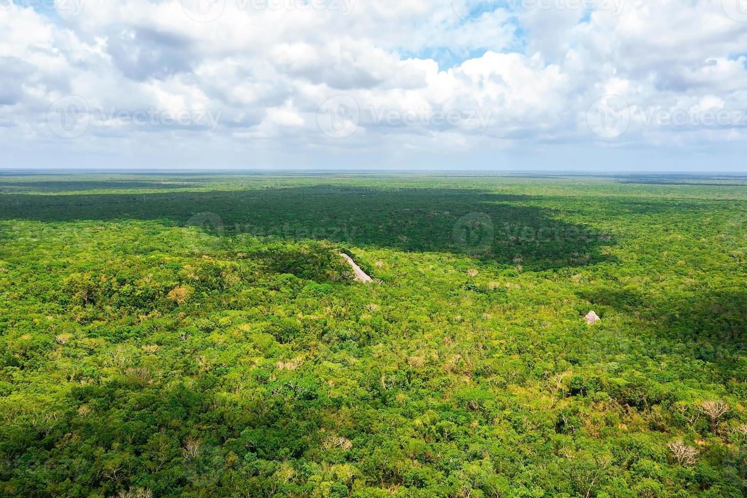 luchtfoto van de maya-piramide verloren in het midden van een jungle. foto