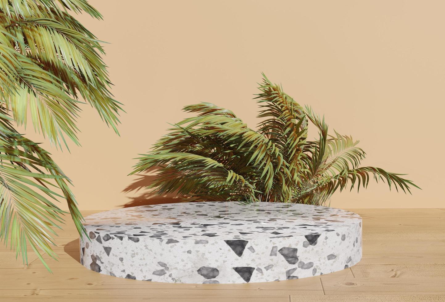 minimaal geometrisch 3D-podium met palmbladeren, lentethema foto