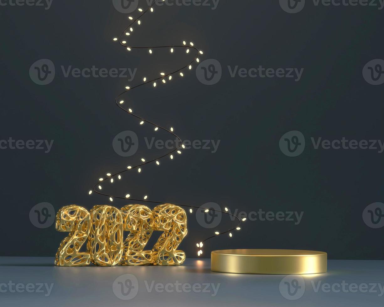 2022 typografie decoratie met gouden podium 3D-rendering achtergrond foto