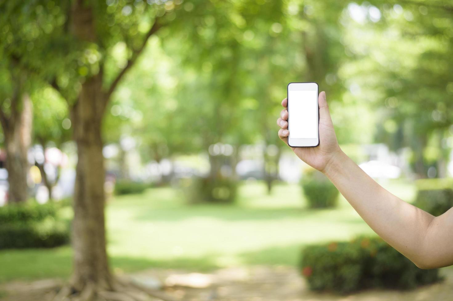 een man houdt mobiele telefoon op groen foto