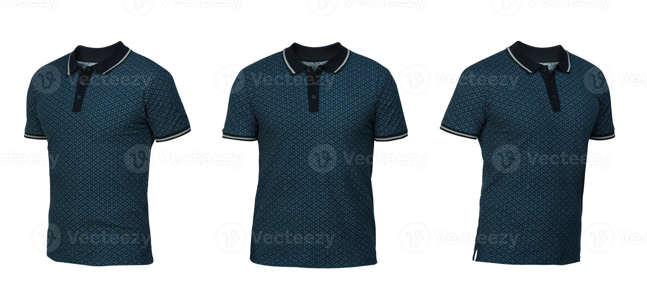 blauw poloshirt met vierkant ornament. shirt vooraanzicht drie posities op een witte achtergrond foto