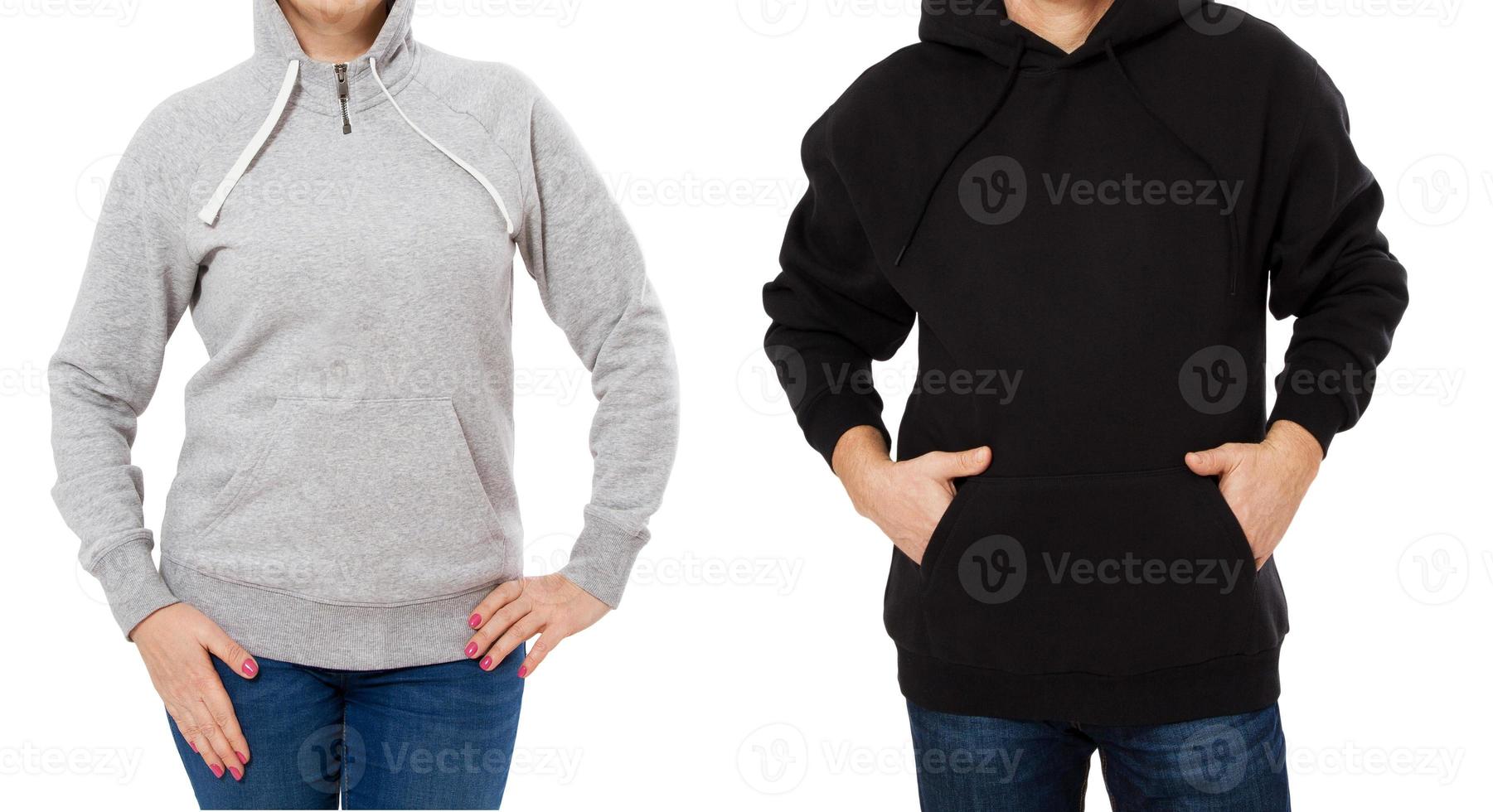 lege grijszwart sweatshirt mock up geïsoleerd. paar dragen donkere hoodie-mockup. eenvoudige hoody-ontwerppresentatie. helder grijs los overall model. trui om te bedrukken. man kleding grijs sweatshirt sjabloon foto