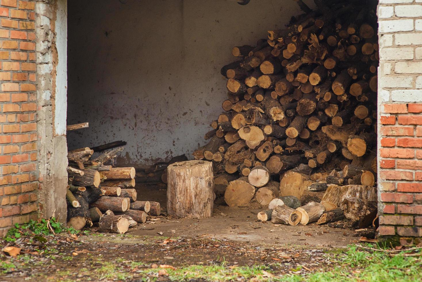 hangar met boomstammen en dekken van hout. het oogsten van brandhout voor de winter. foto