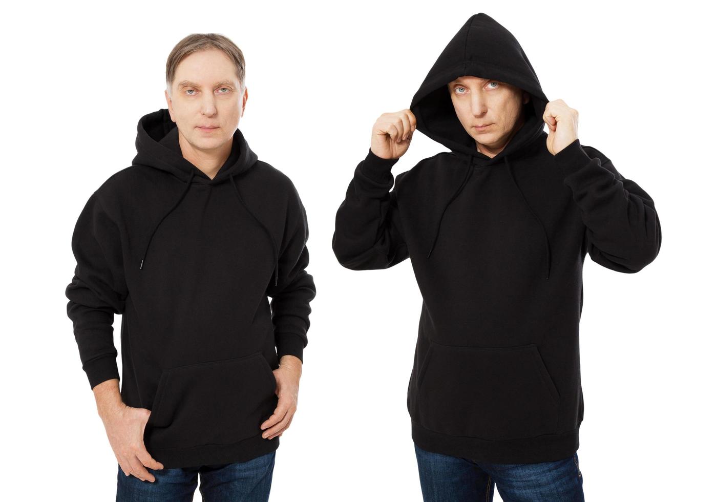man in zwarte hoodie hoody set vooraanzicht, hoody mockup geïsoleerd op een witte achtergrond. man zet een capuchon op foto