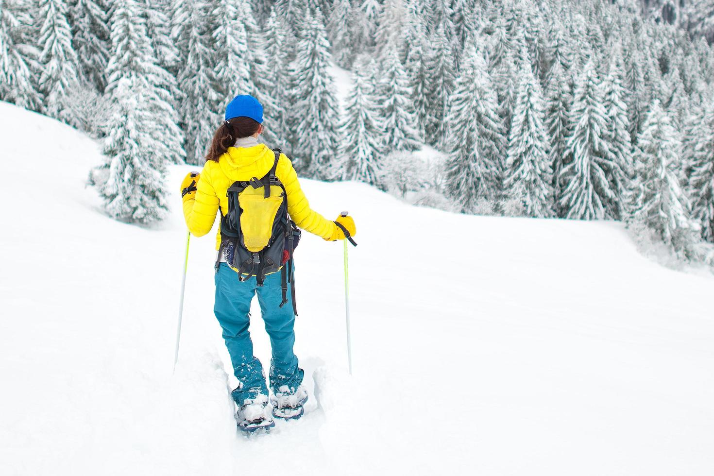 sneeuwschoenwandelen na een grote sneeuw in eenzaamheid foto