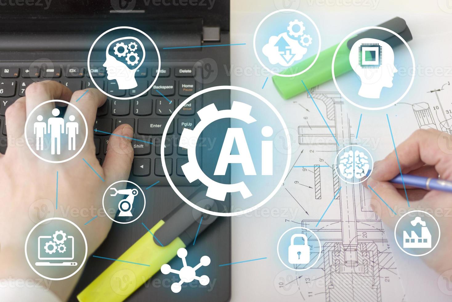 kunstmatige intelligentie en pictogrammen. industriële hersenen versnellingen webontwikkelingsideeën, concepten. foto