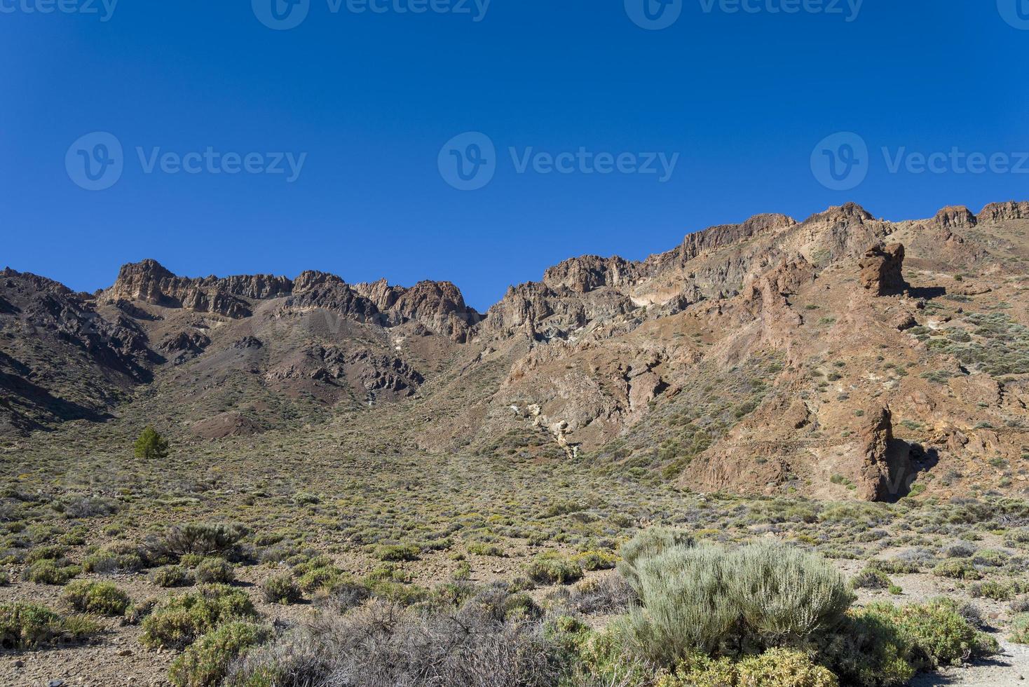 bergen en struiken bij de vulkaan teide, gedeeltelijk bedekt met wolken. heldere blauwe lucht. nationaal park teide, tenerife, canarische eilanden, spanje. hoogte 2100 meter. foto