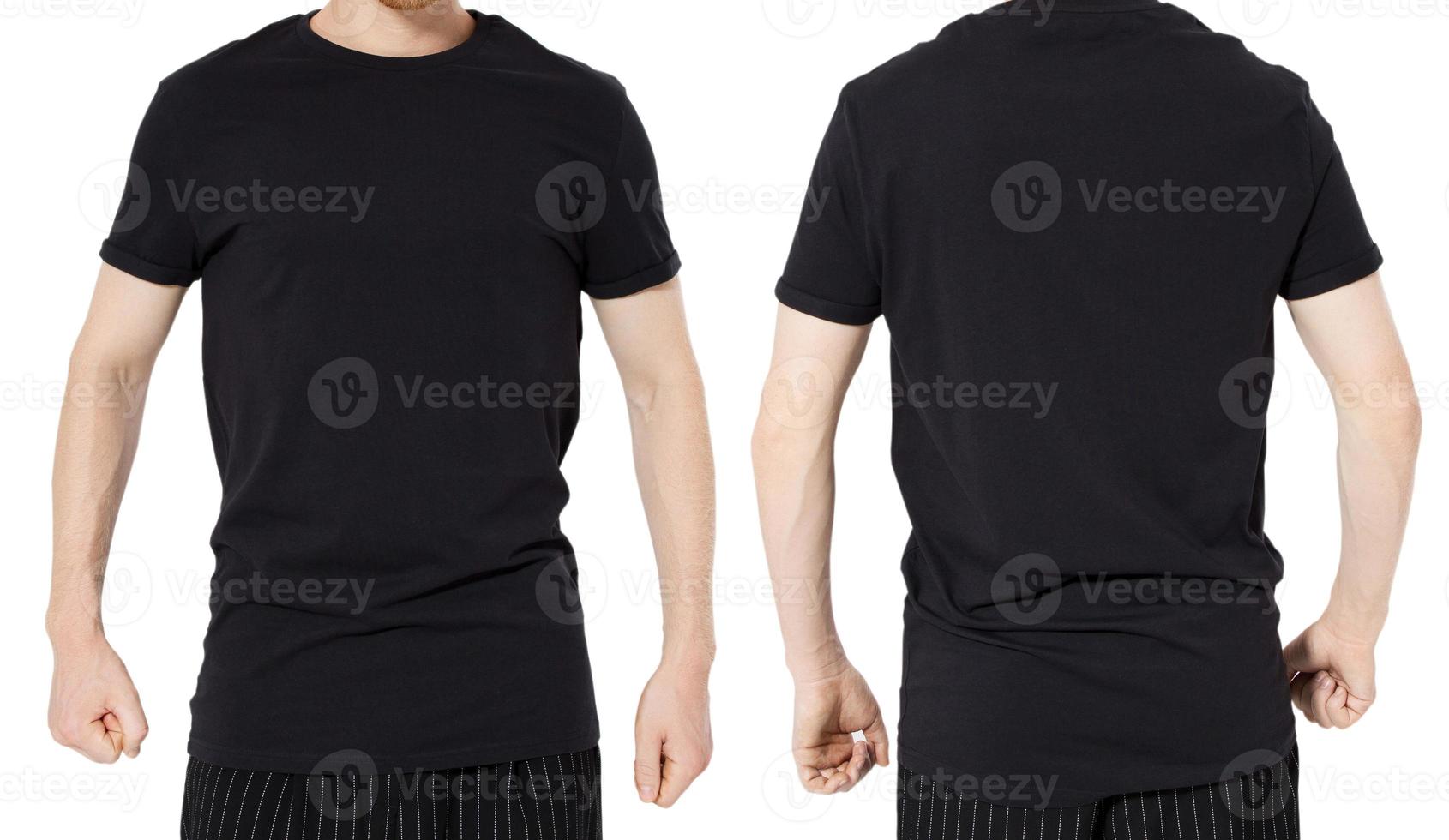 man zwarte t-shirt set voor- en achterkant geïsoleerd foto