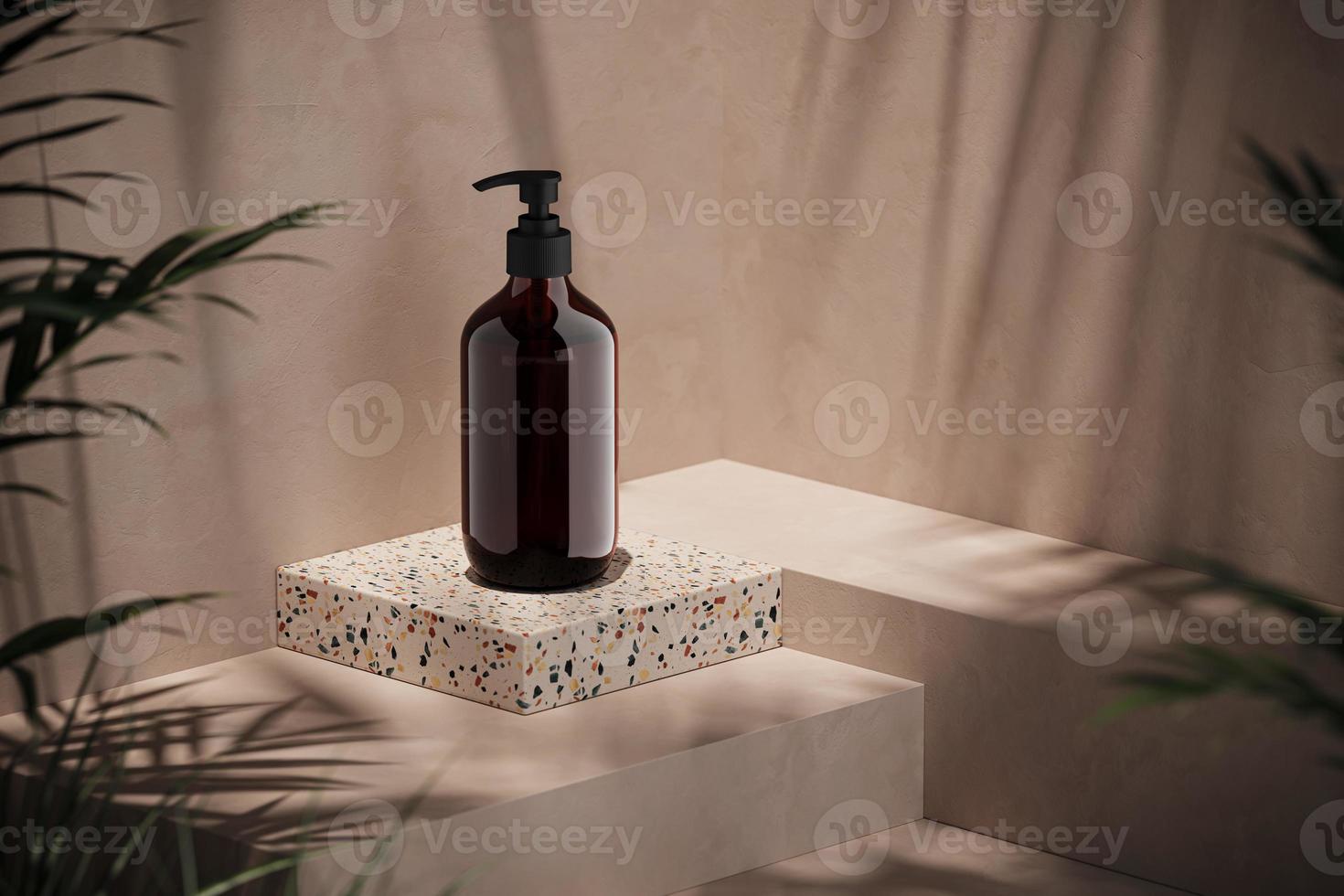 mockup pompfles op beige scène, vervaag de voorgrond van planten. achtergrond voor cosmetische presentatie of advertenties. 3D-rendering foto