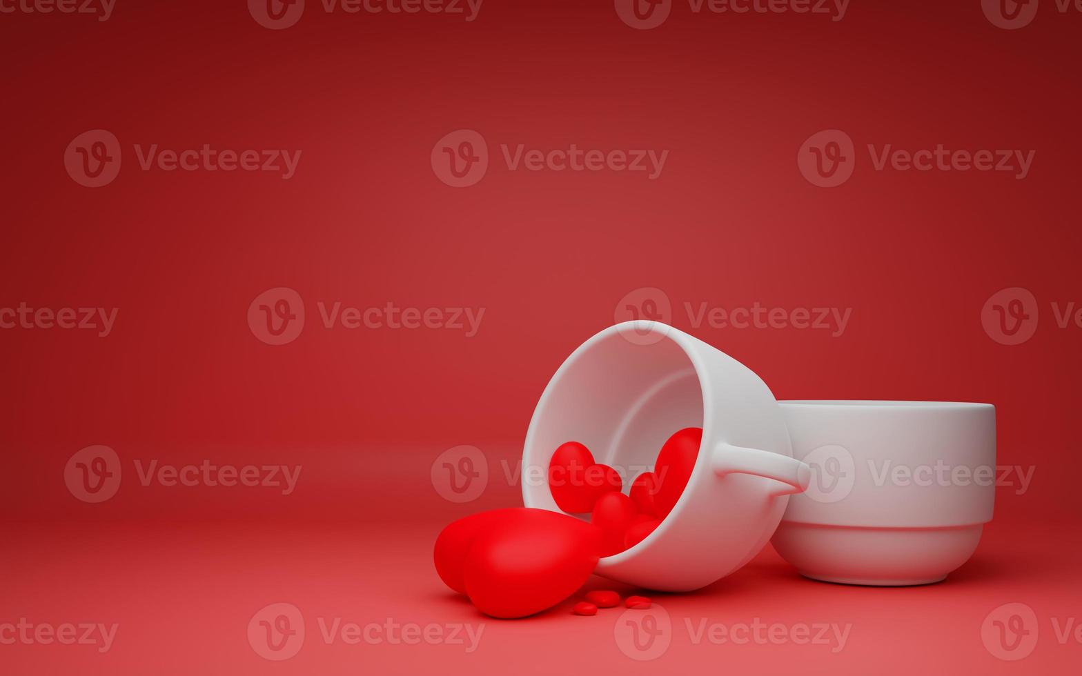 happy Valentijnsdag achtergrond, harten morsen uit een kopje koffie, 3D-werk en 3D-illustratie. foto