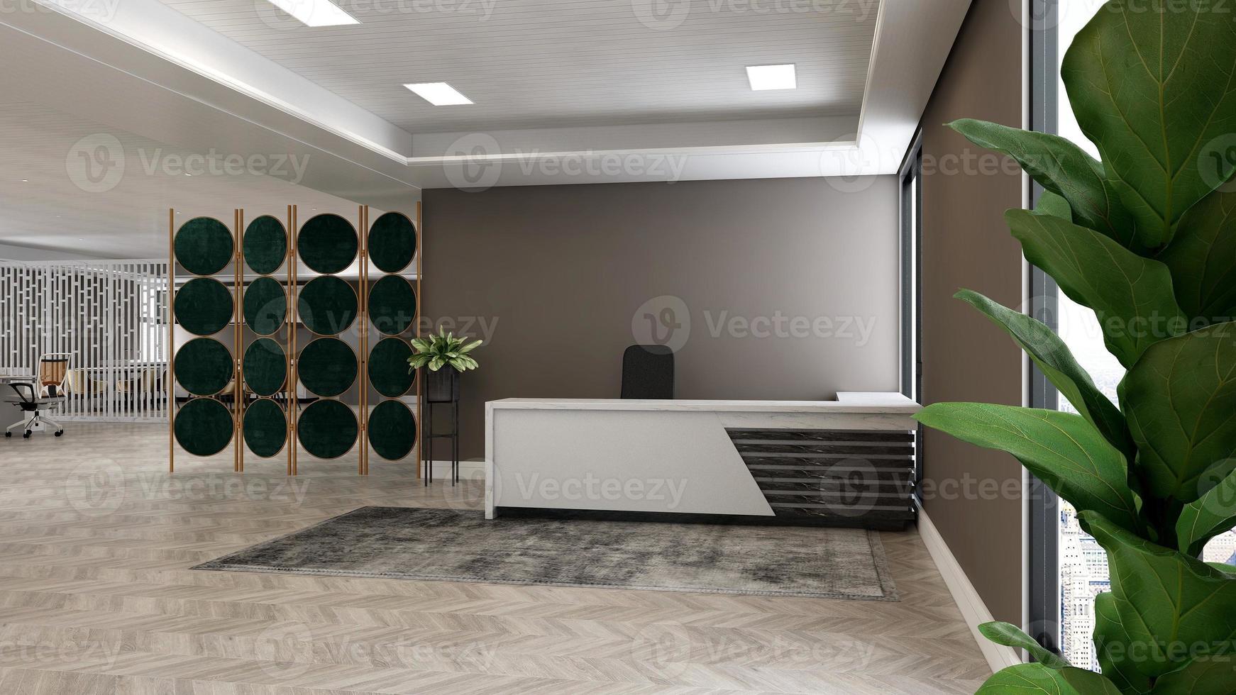 moderne kantoorontvangstruimte in 3D-renderingmodel - realistisch kantoorinterieurontwerp foto