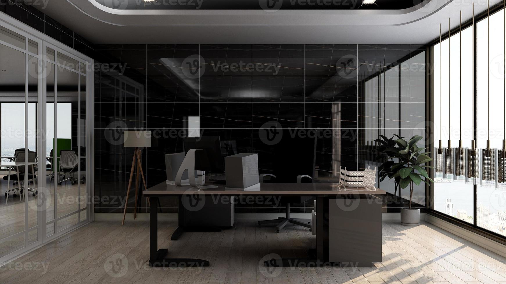 3d render minimalistische kantoorruimte met houten design interieur foto