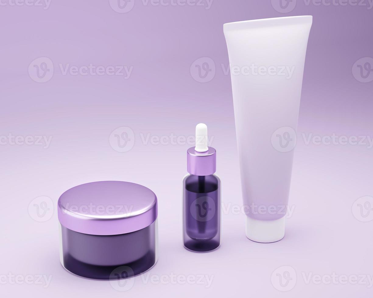 cosmetische set mockup op paarse achtergrond. 3D-rendering illustratie foto