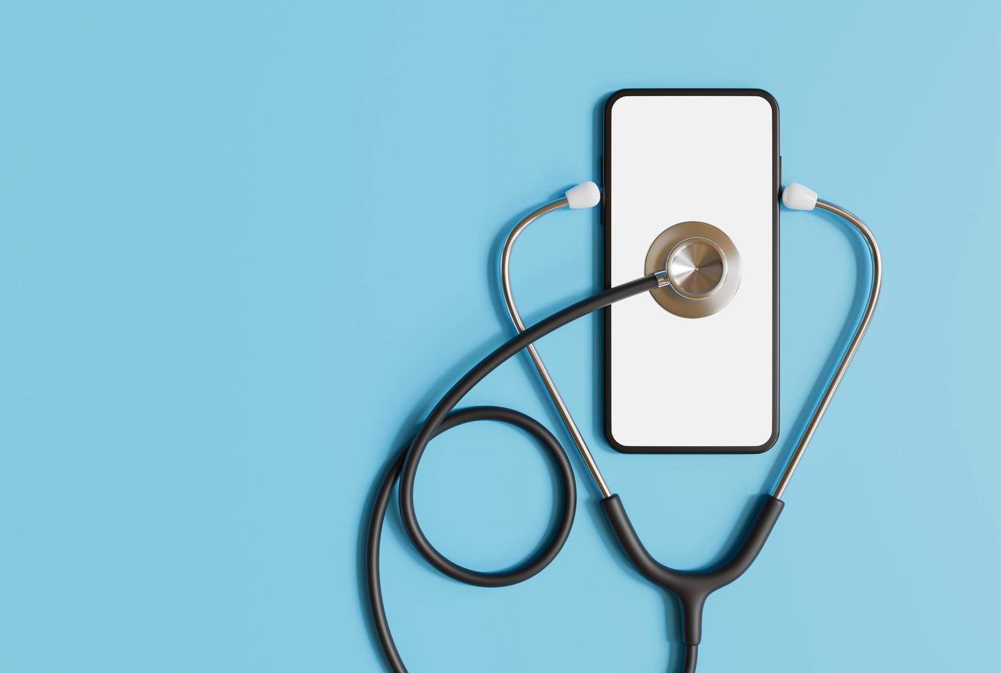 stethoscoop en smartphone op blauwe achtergrond, app gezondheid smartphone mockup, krijg een online consult van arts per smartphone, dokter online consult concept. 3D-rendering. foto