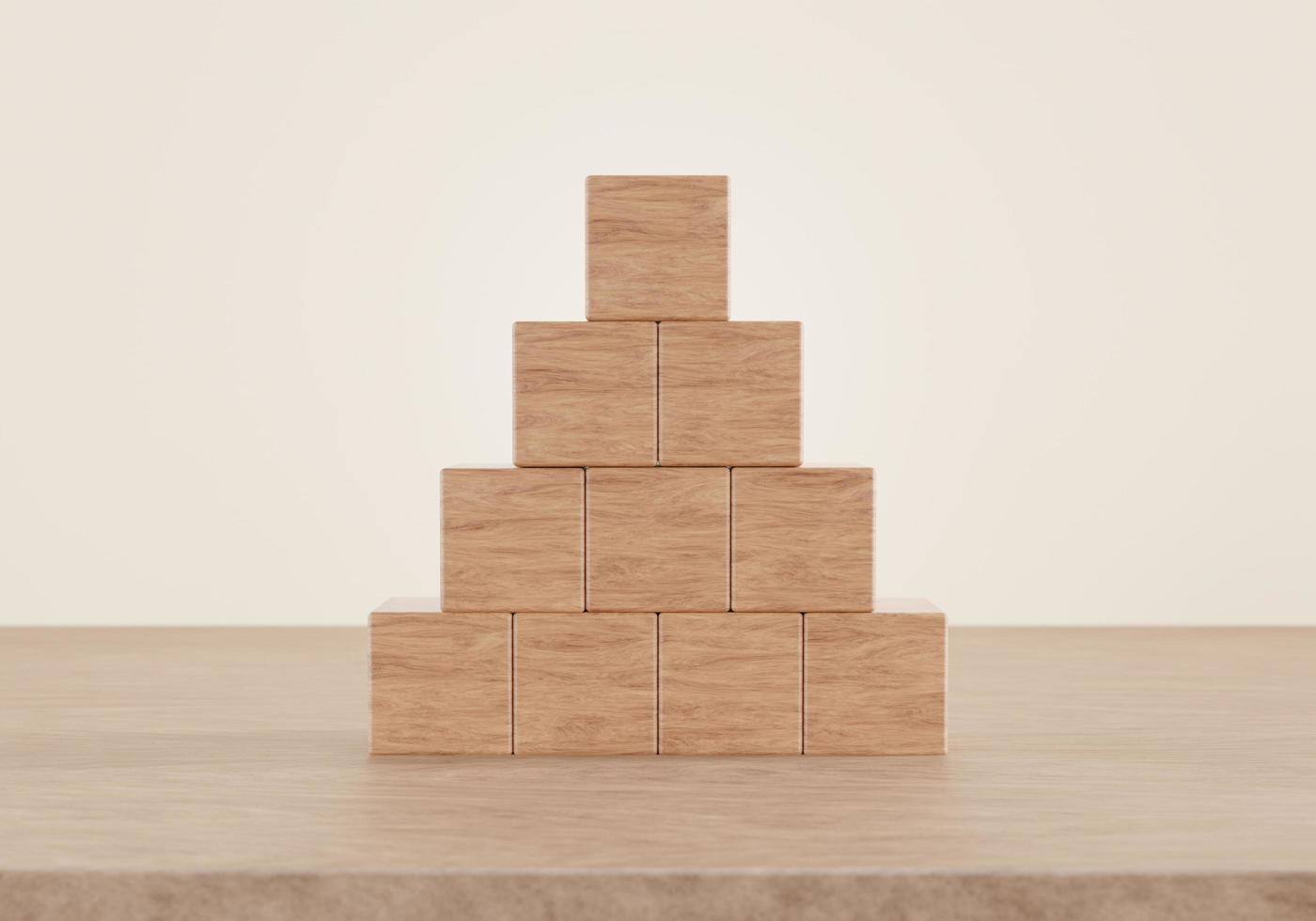 lege houten kubus schikken in piramide op houten vloer achtergrond. bedrijfsconcept, 3D-rendering. foto